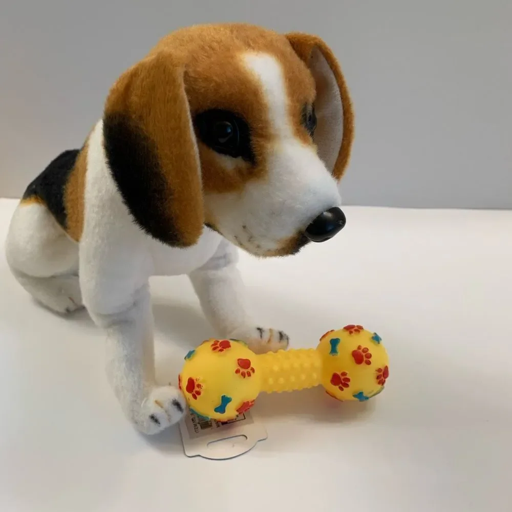 Pet- Squeaky Toy- Dumbbell W/ Paw Prints - Various Colors